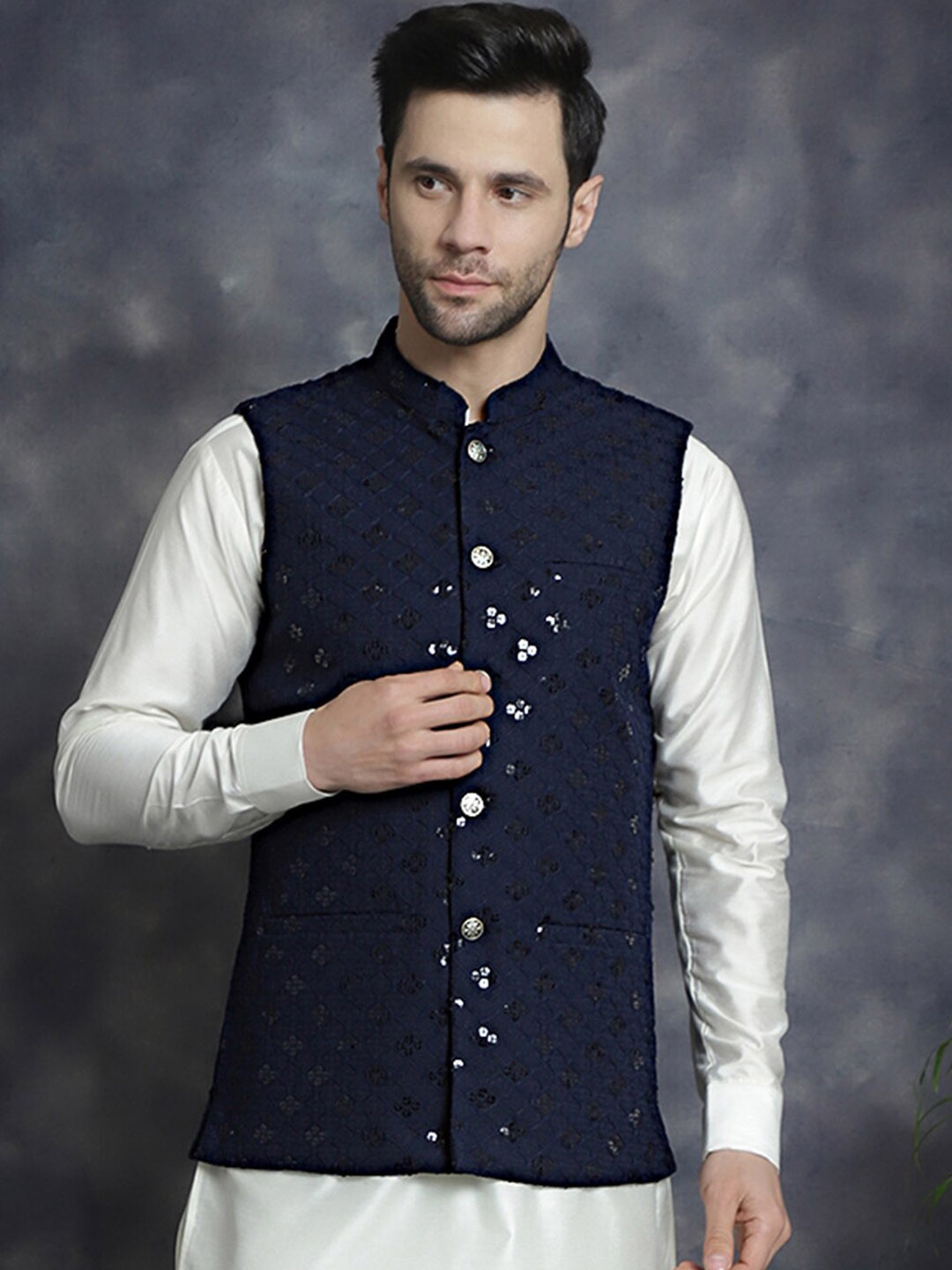 

Jompers Embroidered Sequinned Mandarin Collar Sleeveless Nehru Jacket, Navy blue