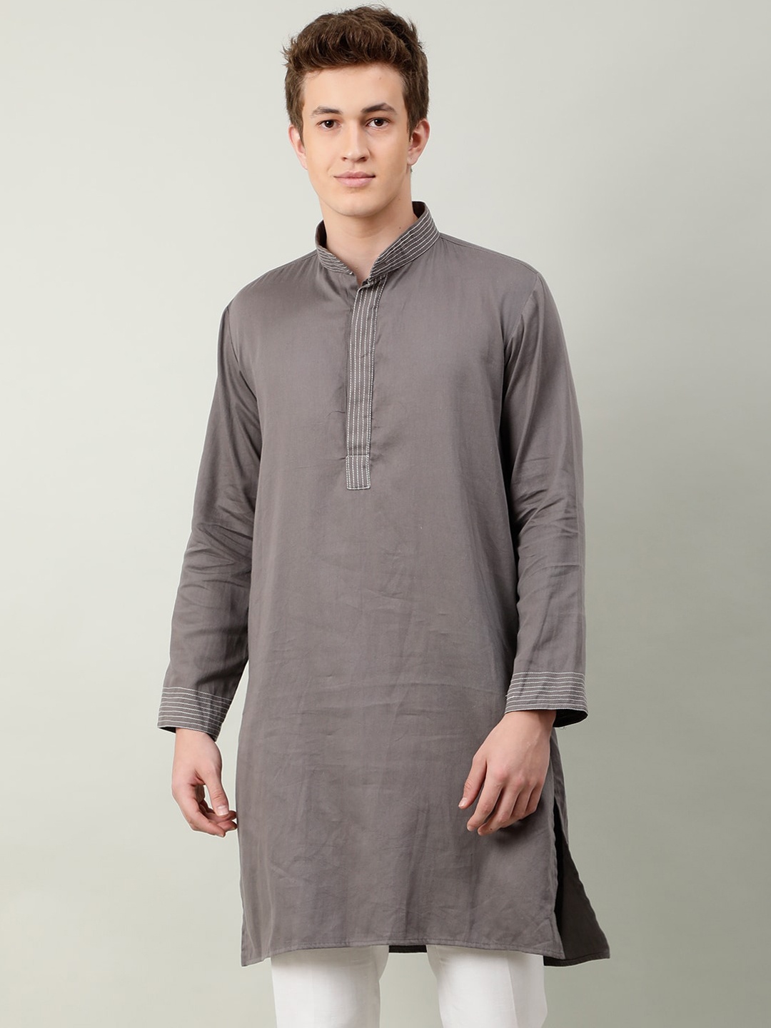 

NAVIYATA Mandarin Collar Thread Work Cotton Straight Kurta, Grey