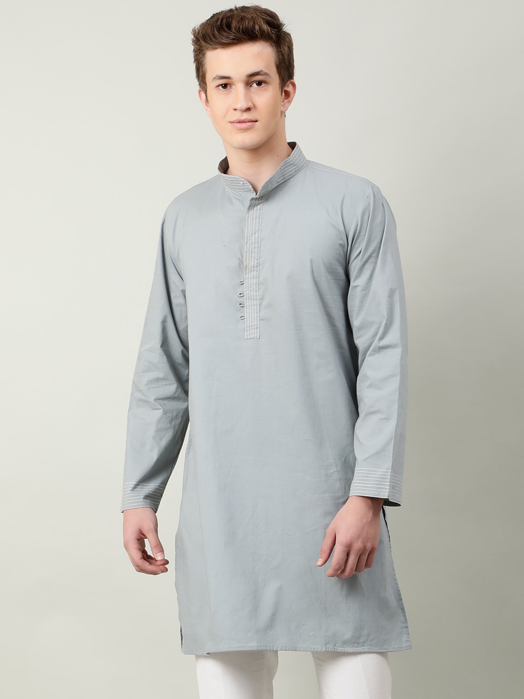 

NAVIYATA Mandarin Collar Thread Work Cotton Straight Kurta, Blue