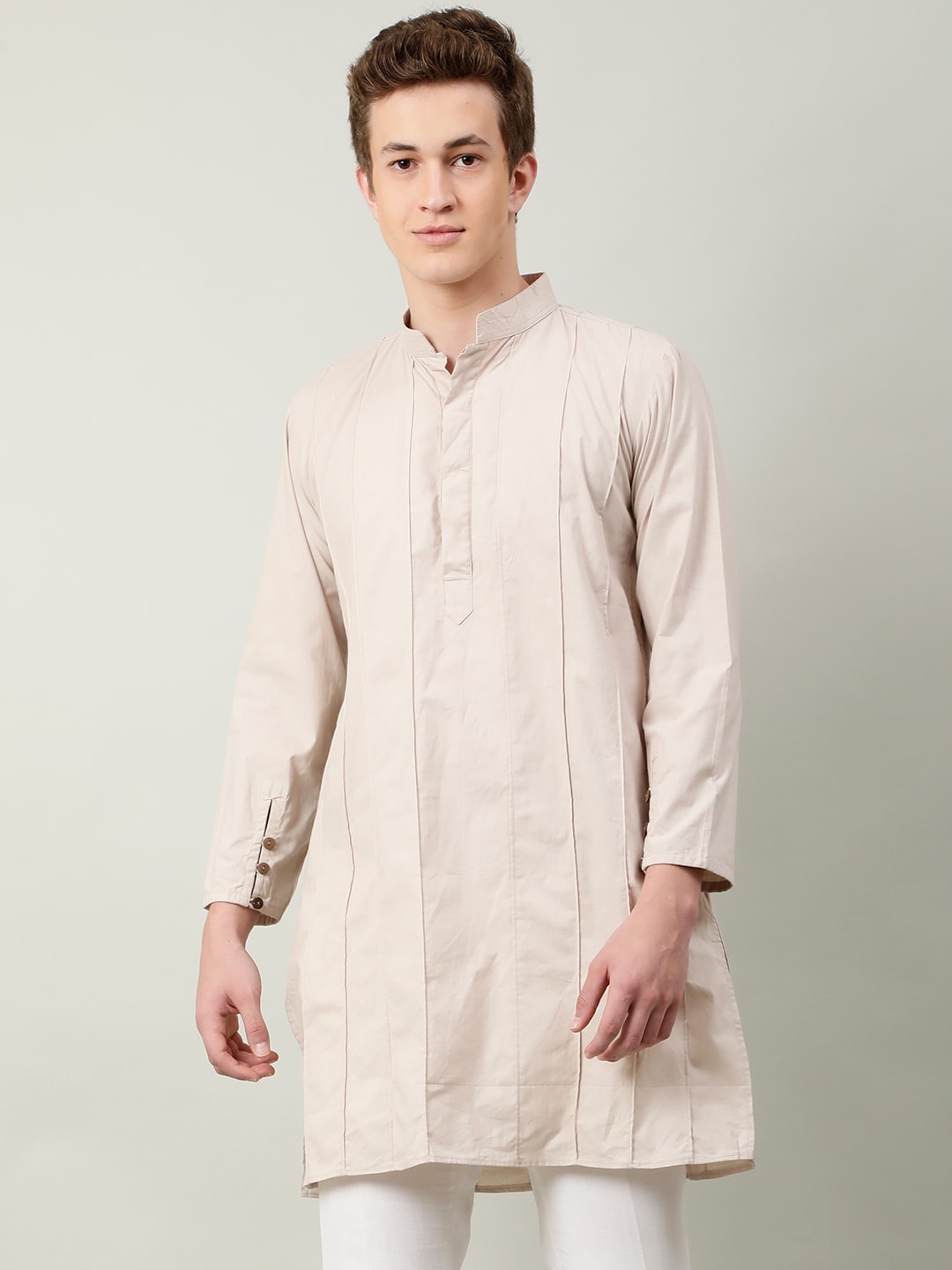 

NAVIYATA Striped Mandarin Collar Cotton Pintuck Kurta, Beige