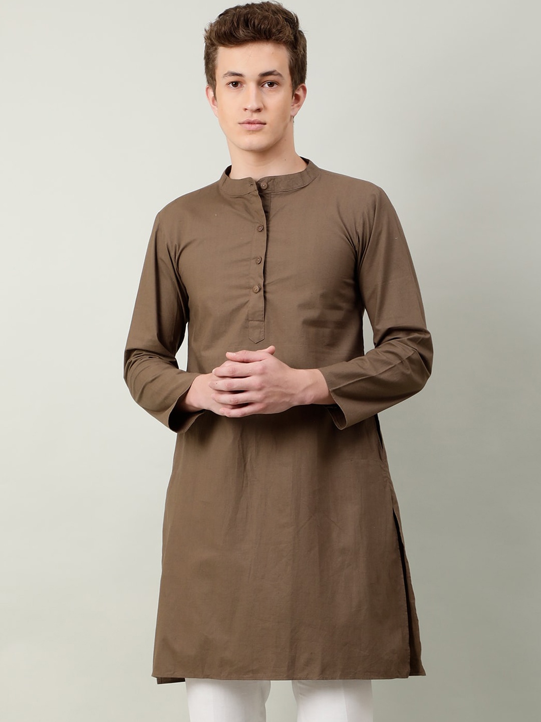 

NAVIYATA Mandarin Collar Cotton Straight Kurta, Brown