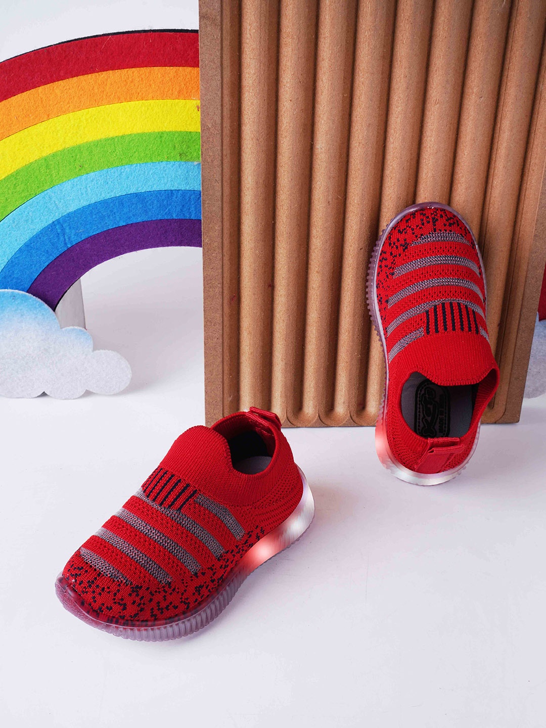 

KATS Kids Textured Flyknit Memory Foam Insole LED Slip-On Sneakers, Red