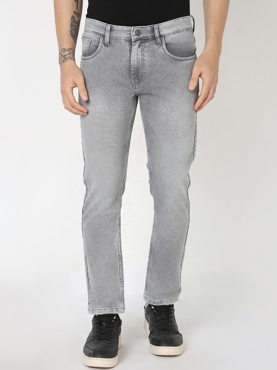 

R&B Men Slim Fit Heavy Fade Clean Look Cotton Jeans, Grey