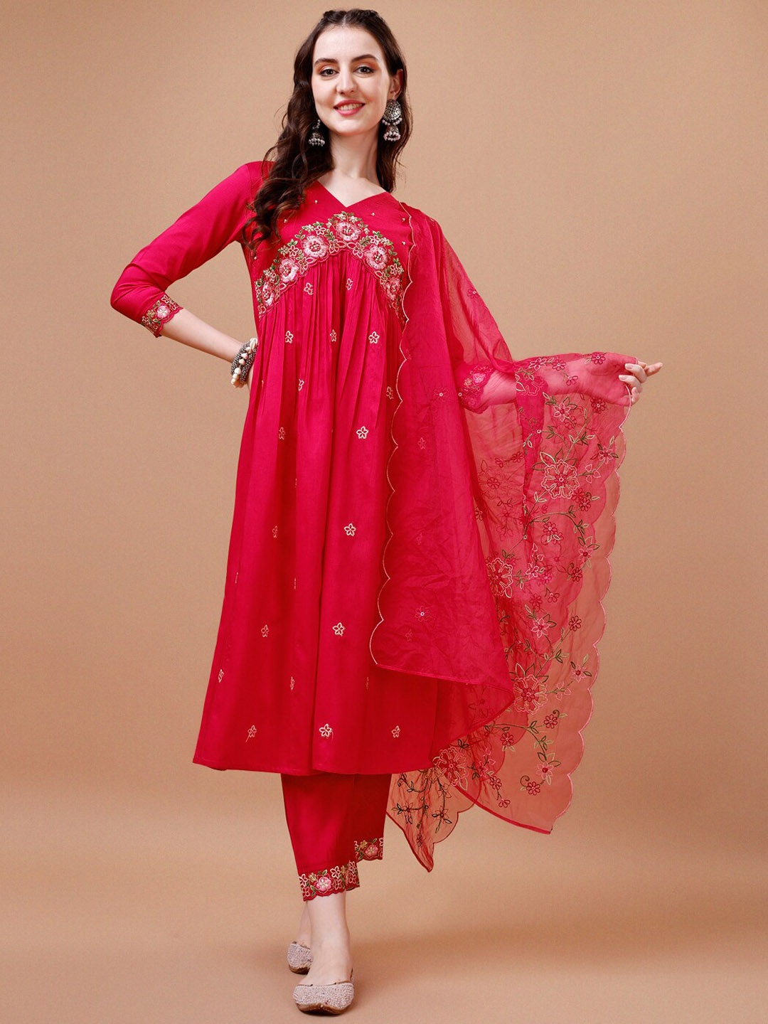 

Berrylicious Floral Embroidered Empire Thread Work A-Line Kurta with Trousers & Dupatta, Pink