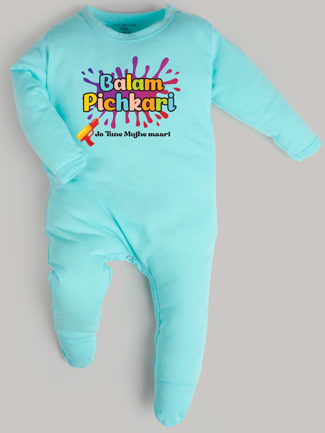 FFLIRTYGO Infants Holi Special Printed Cotton Sleepsuit, Turquoise blue