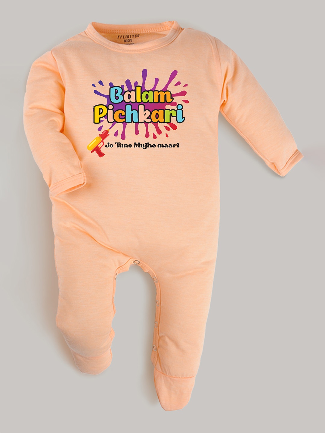 FFLIRTYGO Infants Holi Printed Pure Cotton Sleepsuit, Peach
