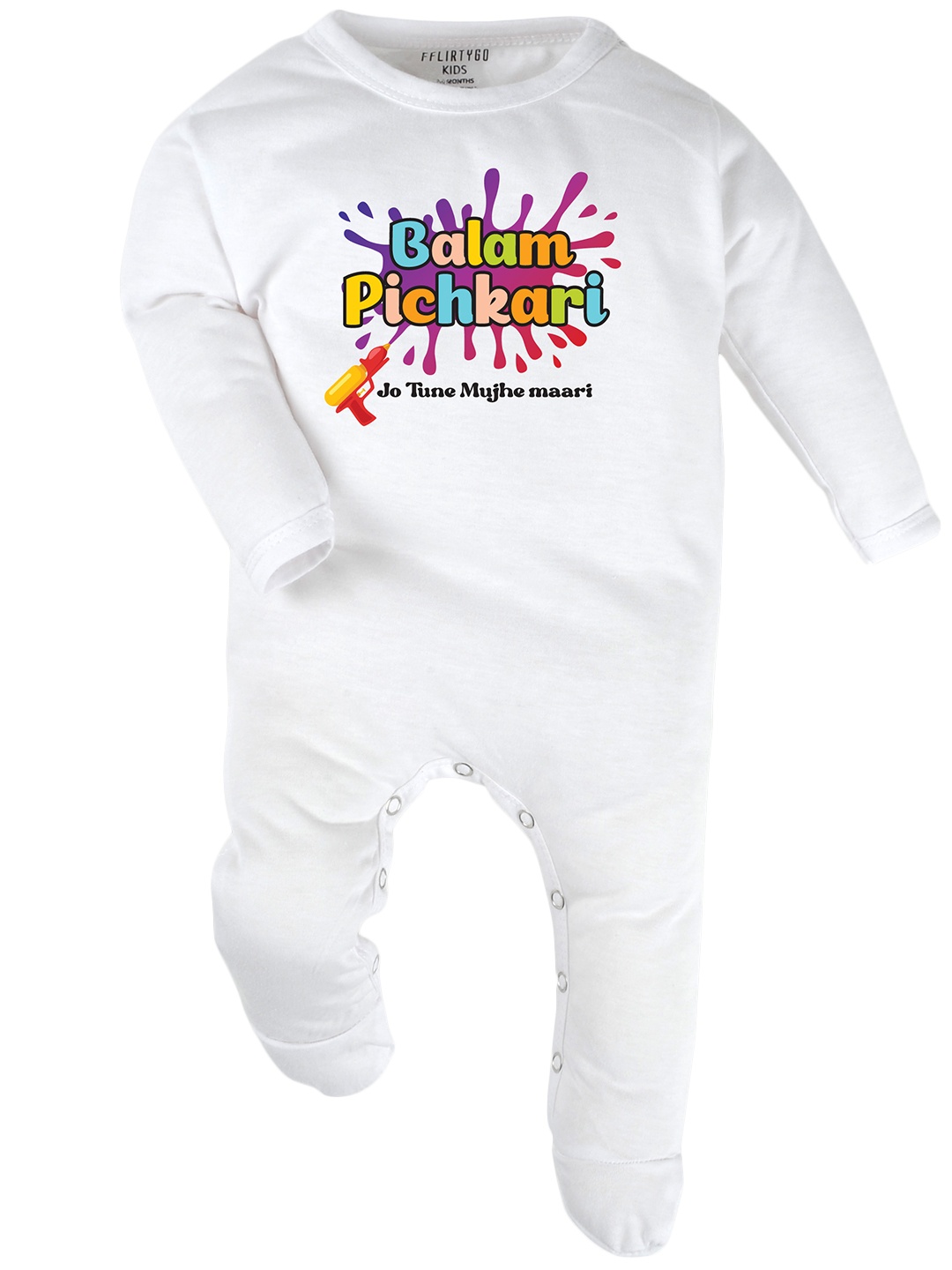 

FFLIRTYGO Infant Printed Holi Special Sleepsuit, White