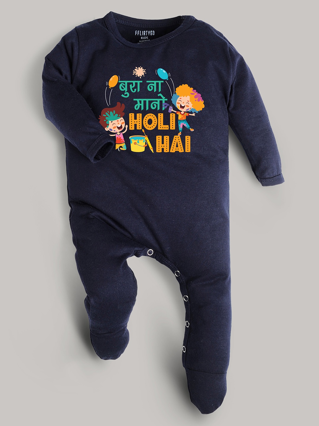 

FFLIRTYGO Infants Typography Printed Pure Cotton Sleepsuit, Navy blue