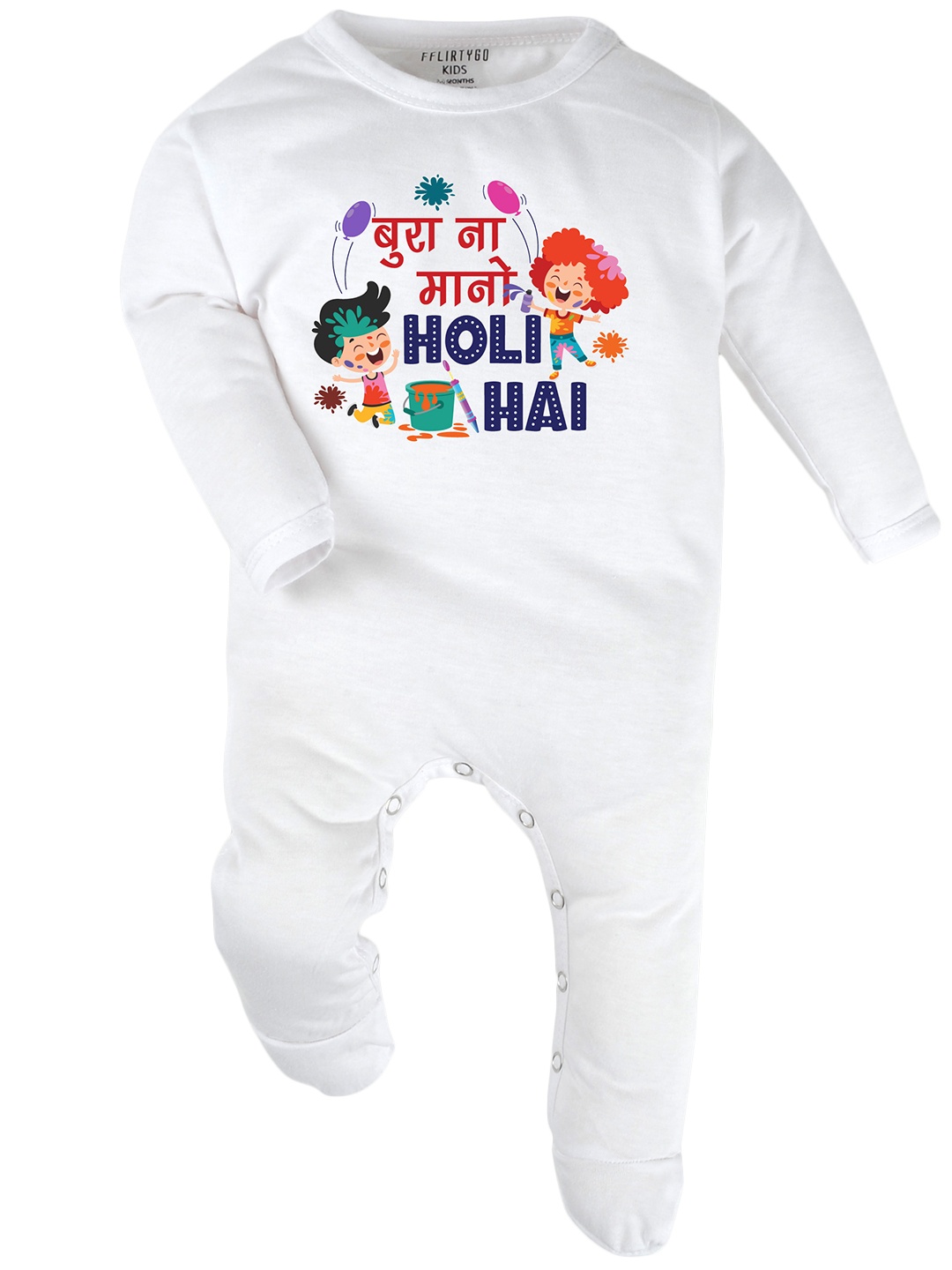 

FFLIRTYGO Infant Printed Holi Special Sleepsuit, White