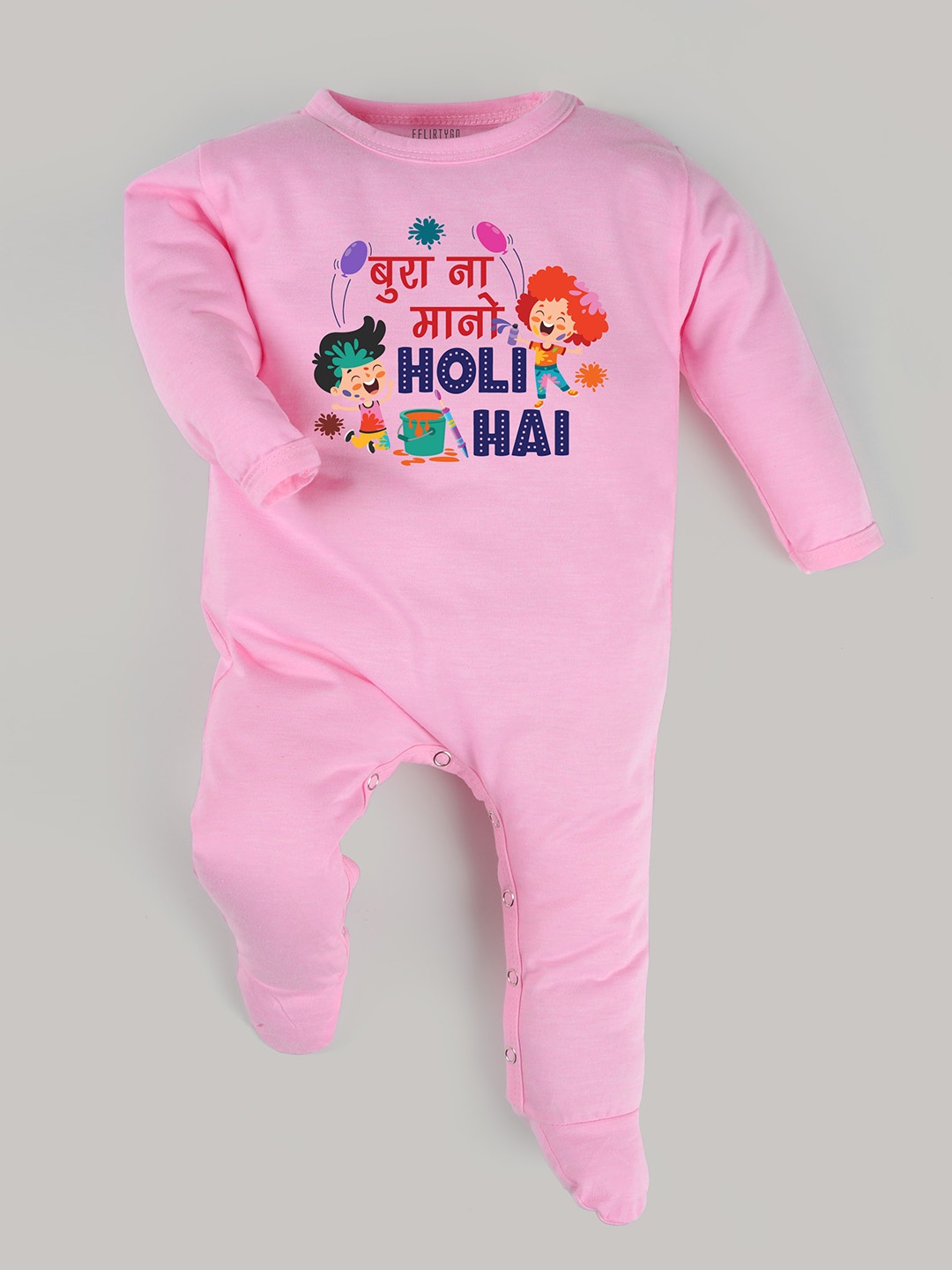 

FFLIRTYGO Infants Holi Special Printed Pure Cotton Sleepsuit, Pink