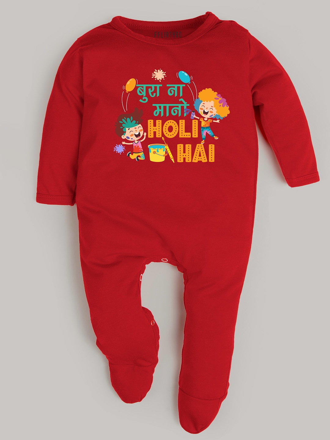 

FFLIRTYGO Kids Holi Printed Long Sleeves Cotton Sleepsuit, Red