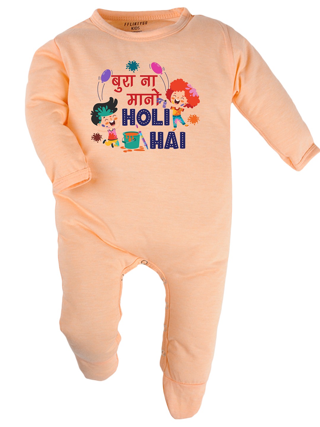 

FFLIRTYGO Infant Printed Holi Special Sleepsuit, Peach