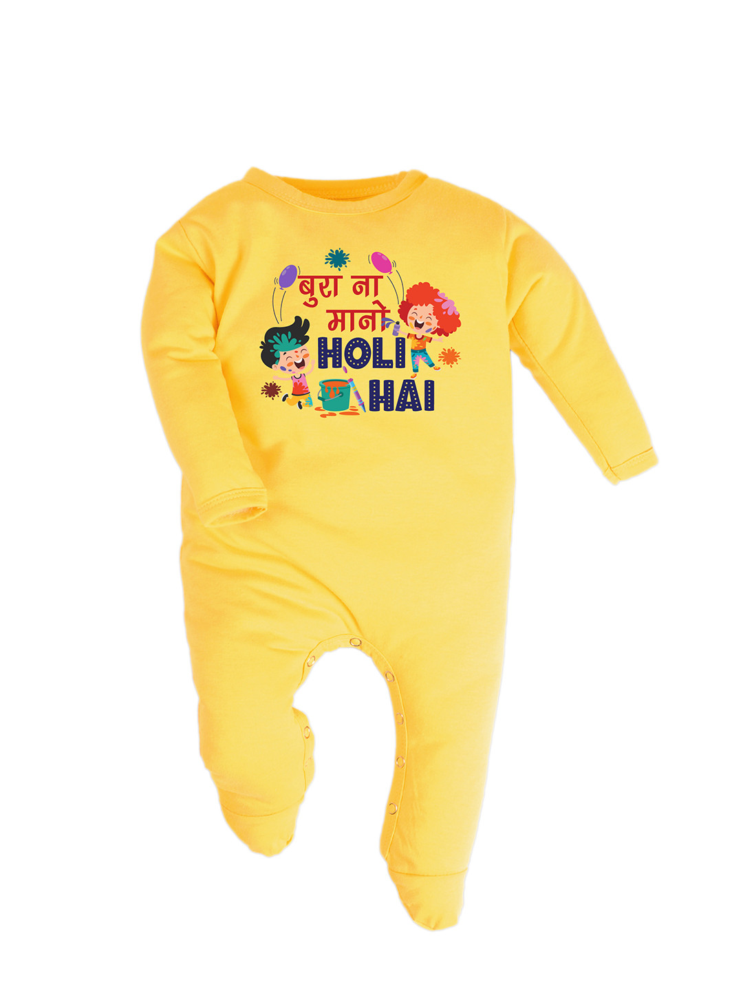 

FFLIRTYGO Infant Holi Special Printed Pure Cotton Sleepsuit, Yellow