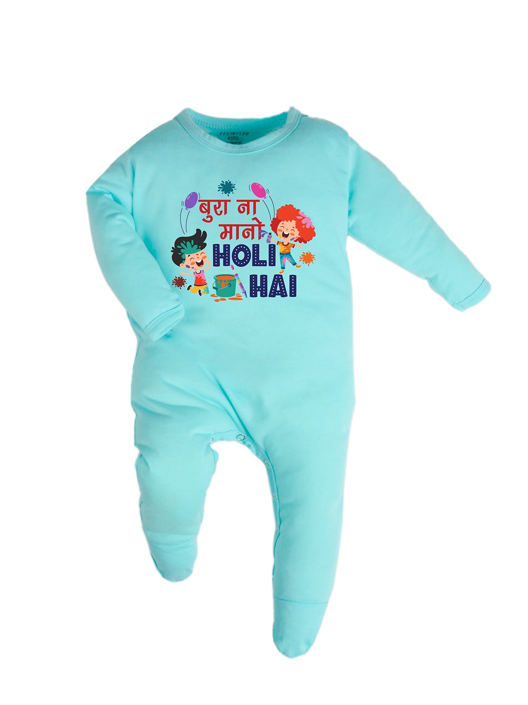 

FFLIRTYGO Infant Holi Special Printed Pure Cotton Sleepsuit, Turquoise blue