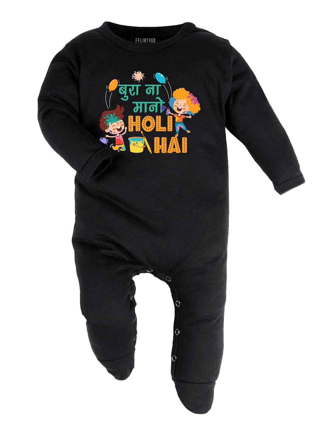 

FFLIRTYGO Infant Printed Holi Special Pure Cotton Sleepsuit, Black