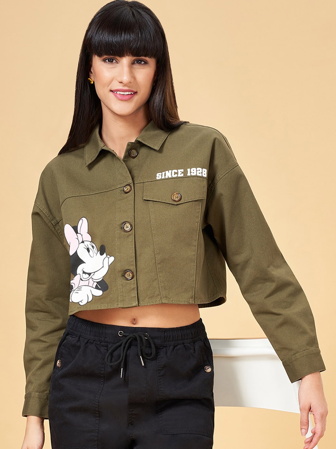 

Honey by Pantaloons Mickey Mouse Printed Crop Tailored Pure Cotton Jacket, Olive