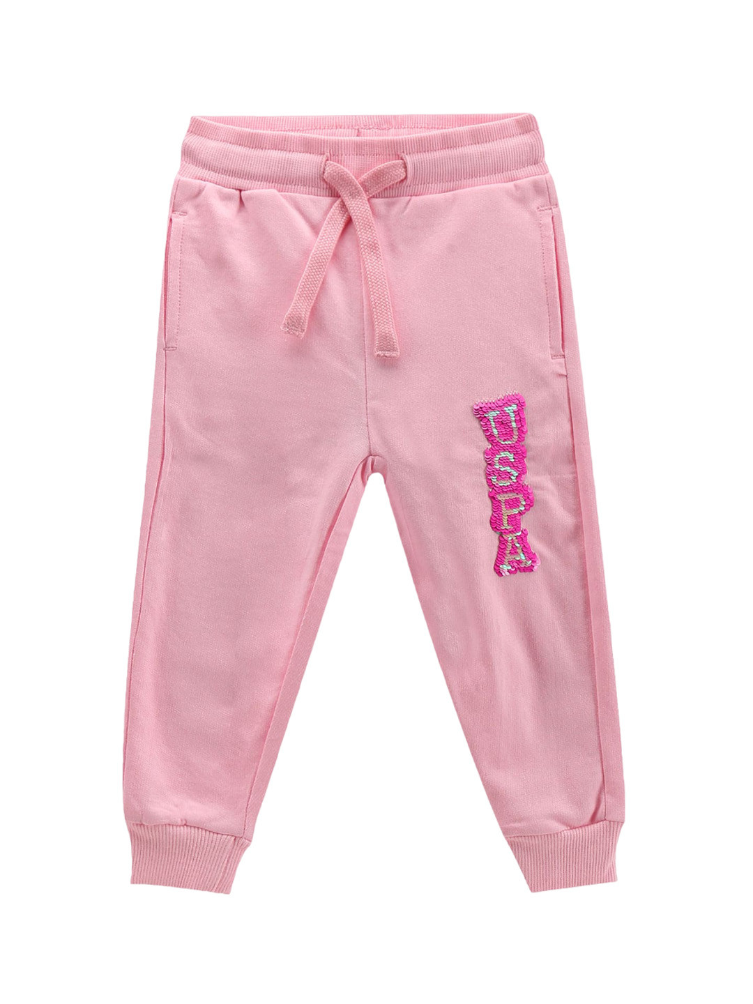

U.S. Polo Assn. Kids Girls Embellished Sequined Pure Cotton Mid-Rise Jogger, Pink