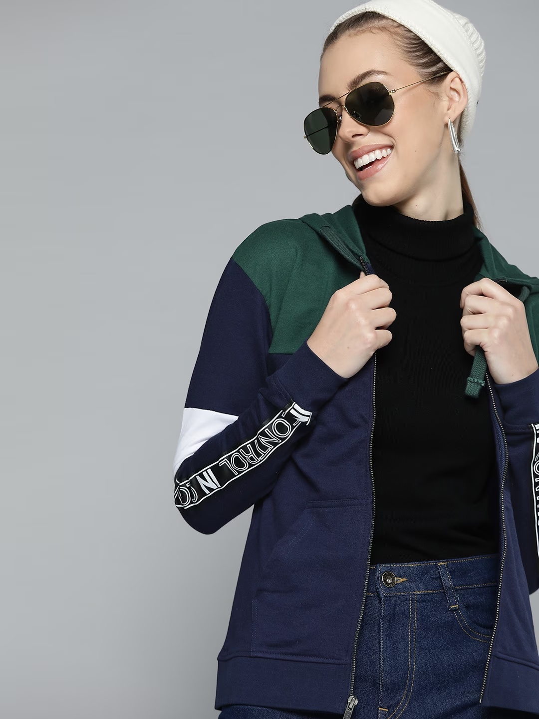 

HARBOR N BAY Colourblocked Hooded Fleece Front Open Sweatshirt, Navy blue