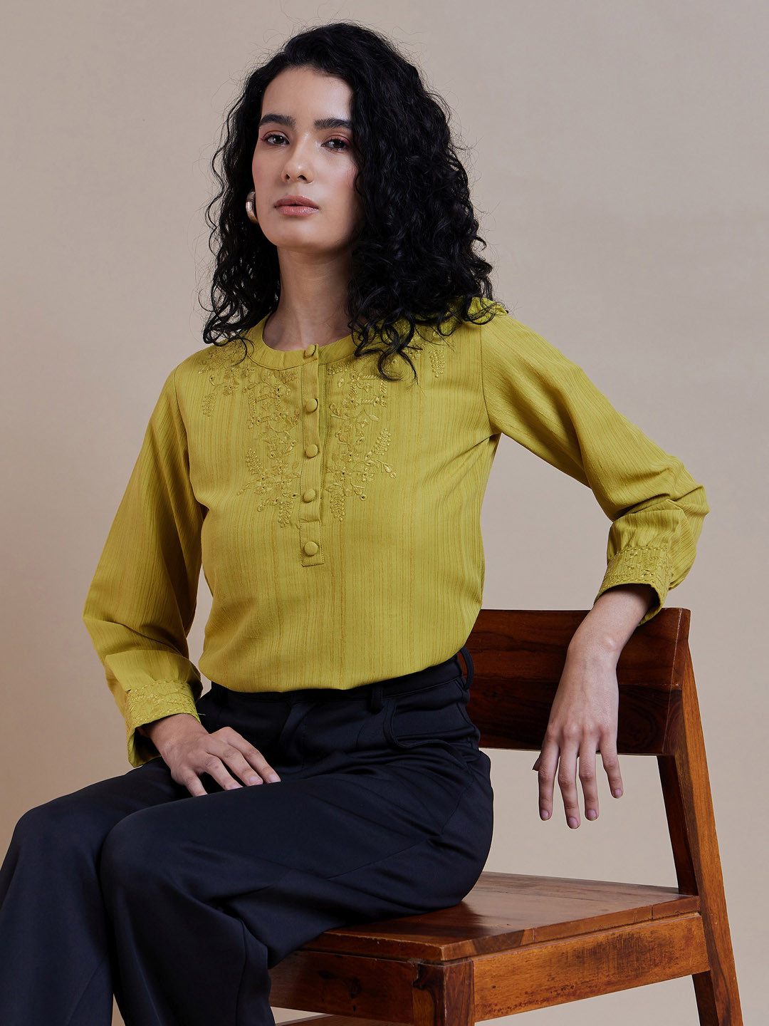 

The Roadster Lifestyle Co. Floral Embroidered Mandarin Collar Top, Lime green