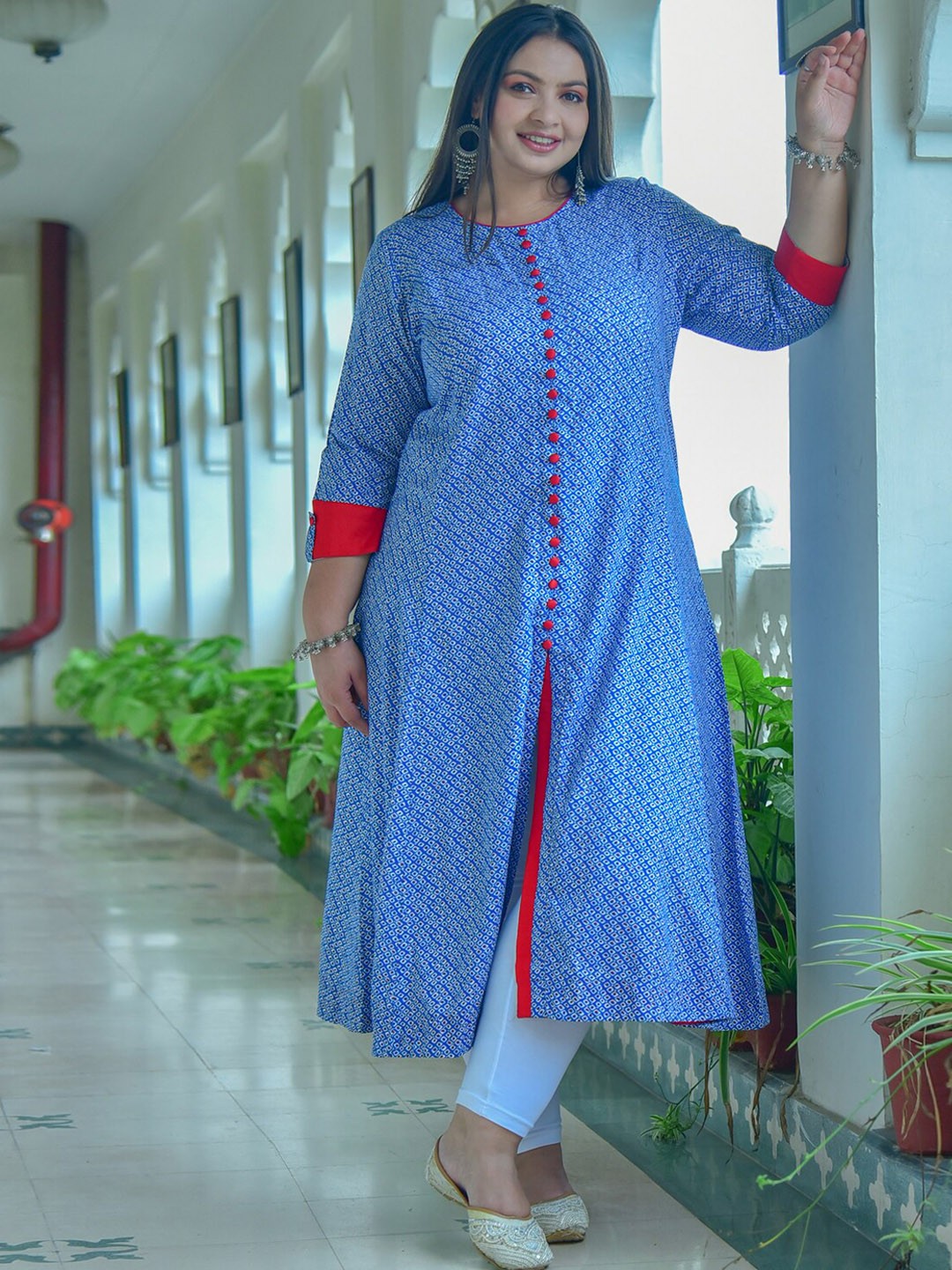 

KALINI Plus Size Geometric Printed A Line Kurta, Blue