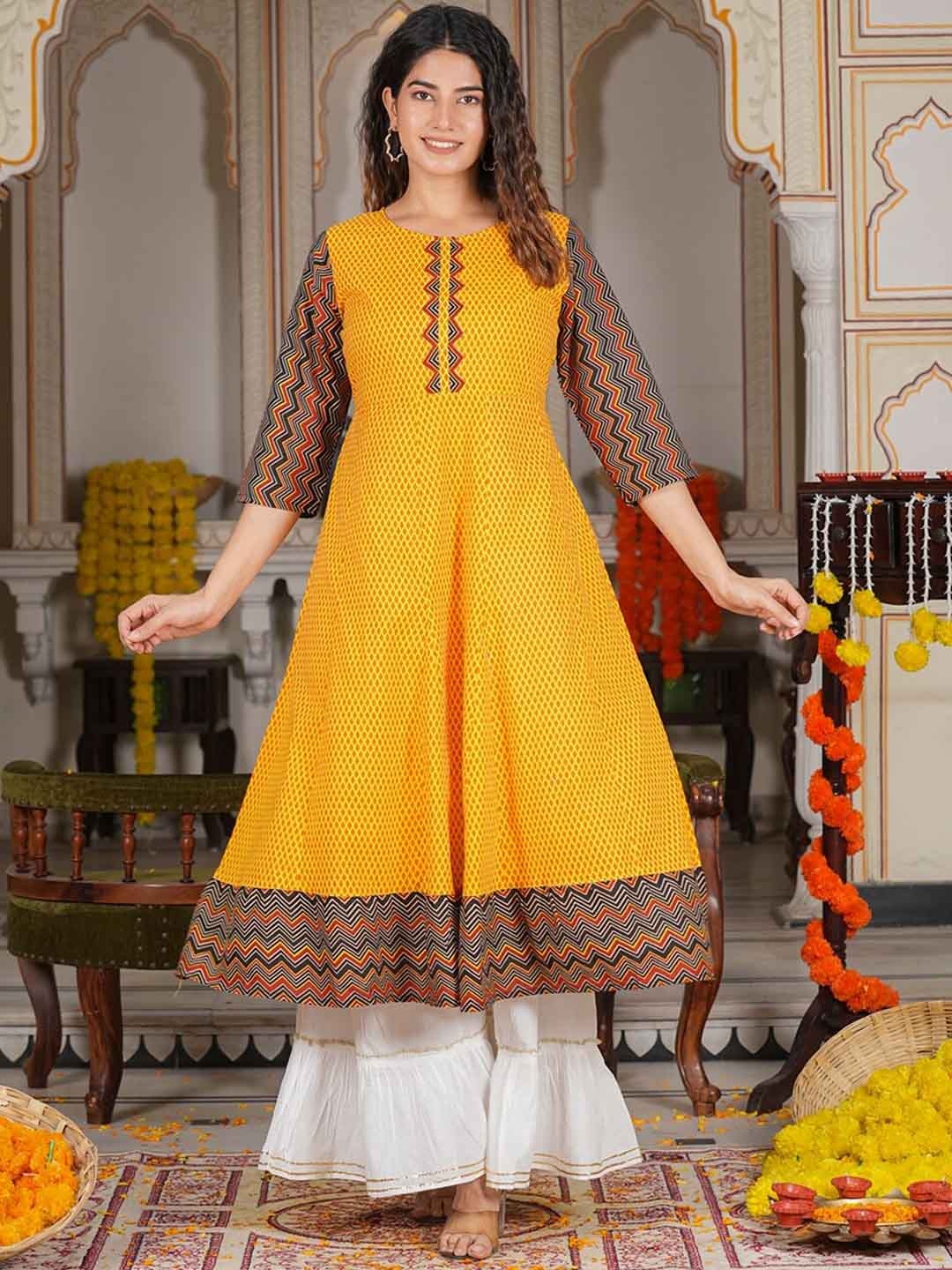 

KALINI Geometric Printed Pure Cotton Anarkali Kurta, Mustard