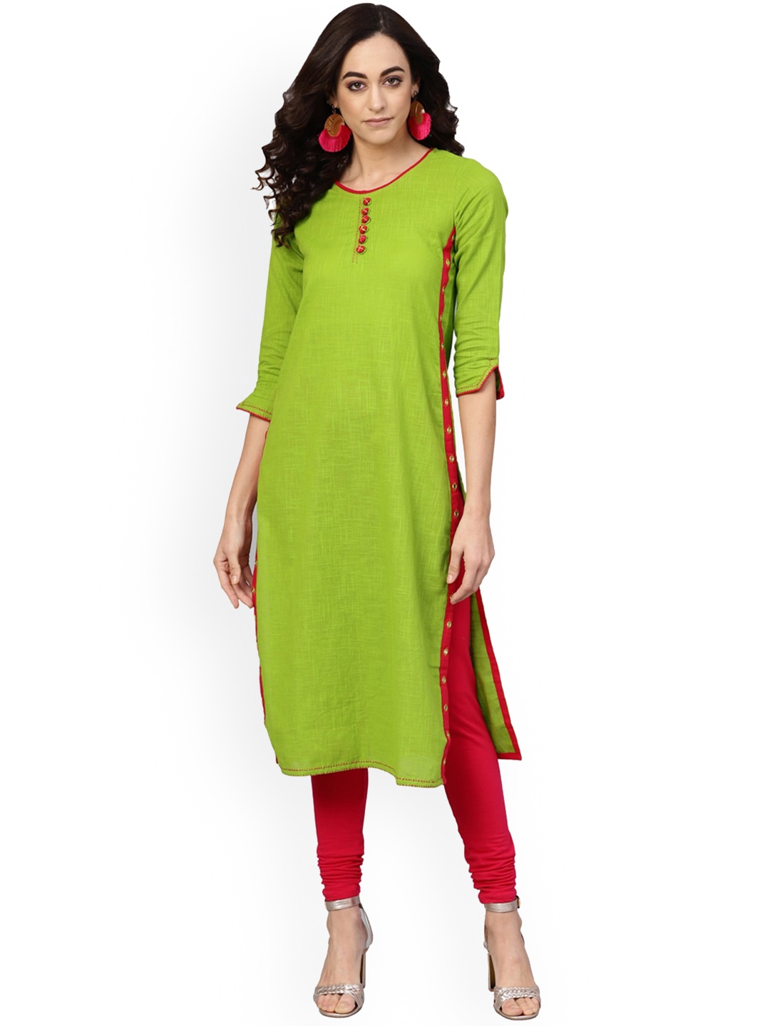 KALINI Round Neck Mirror Work Cotton Straight Kurta, Green