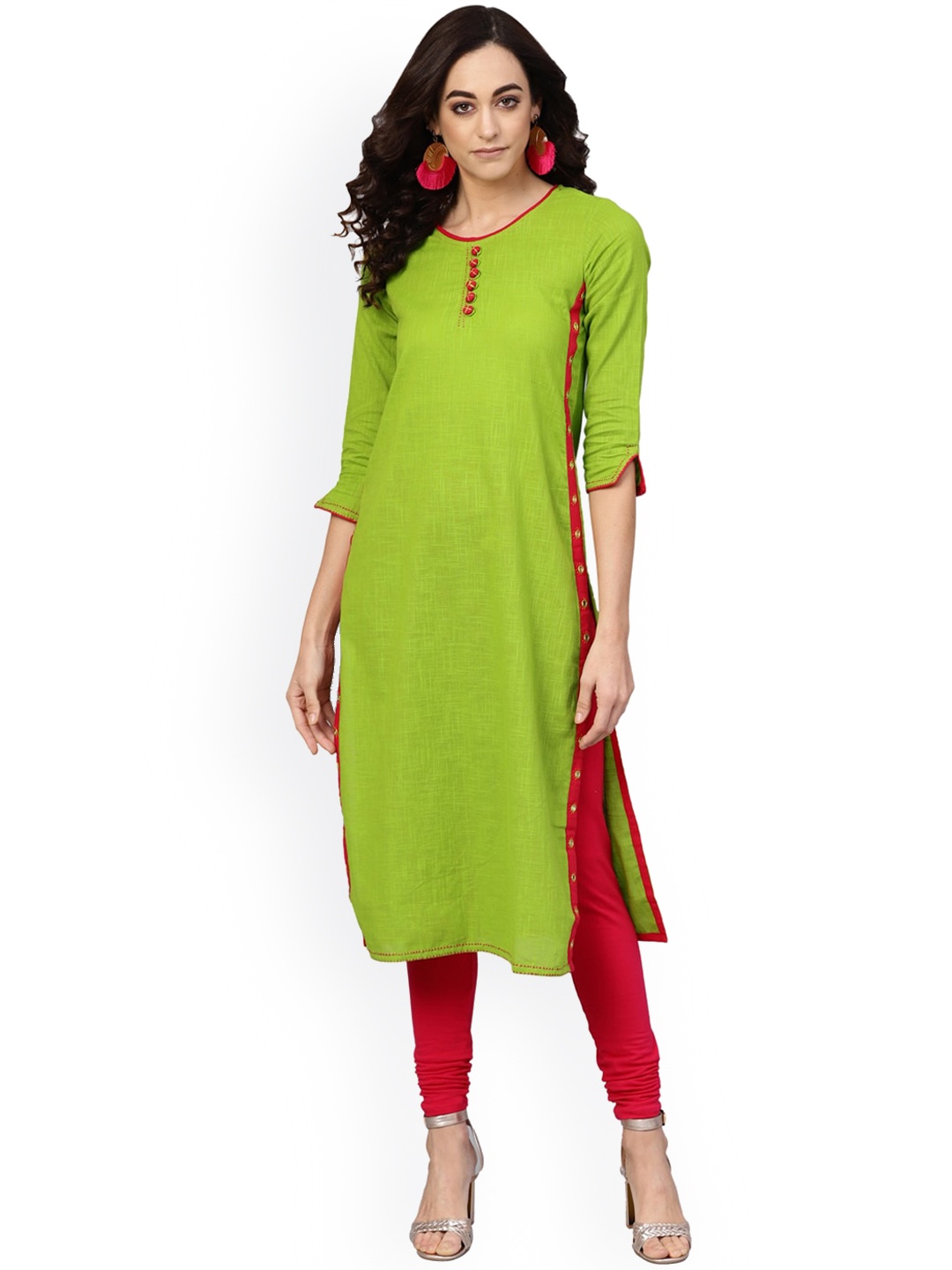 

KALINI Round Neck Mirror Work Cotton Straight Kurta, Green