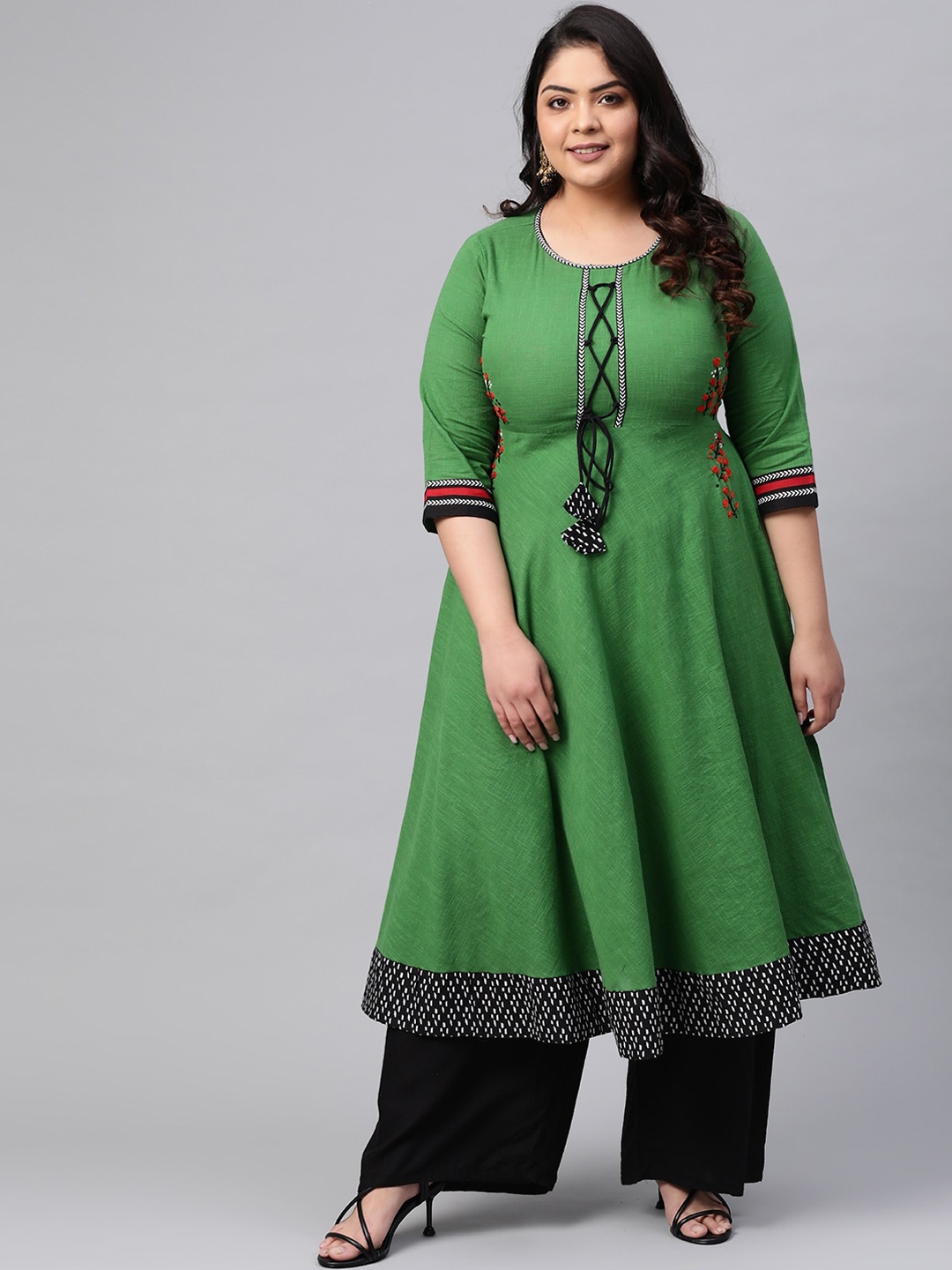 

KALINI Round Neck Cotton Anarkali Kurta, Green