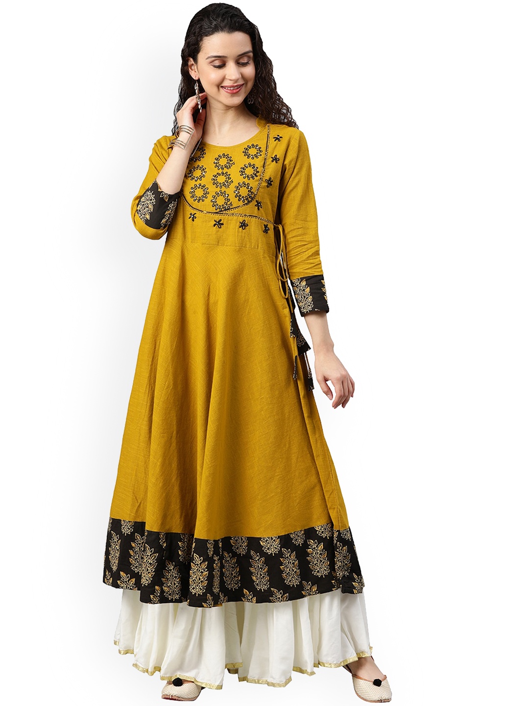 

KALINI Floral Yoke Design Thread Work Cotton Anarkali Kurta, Mustard