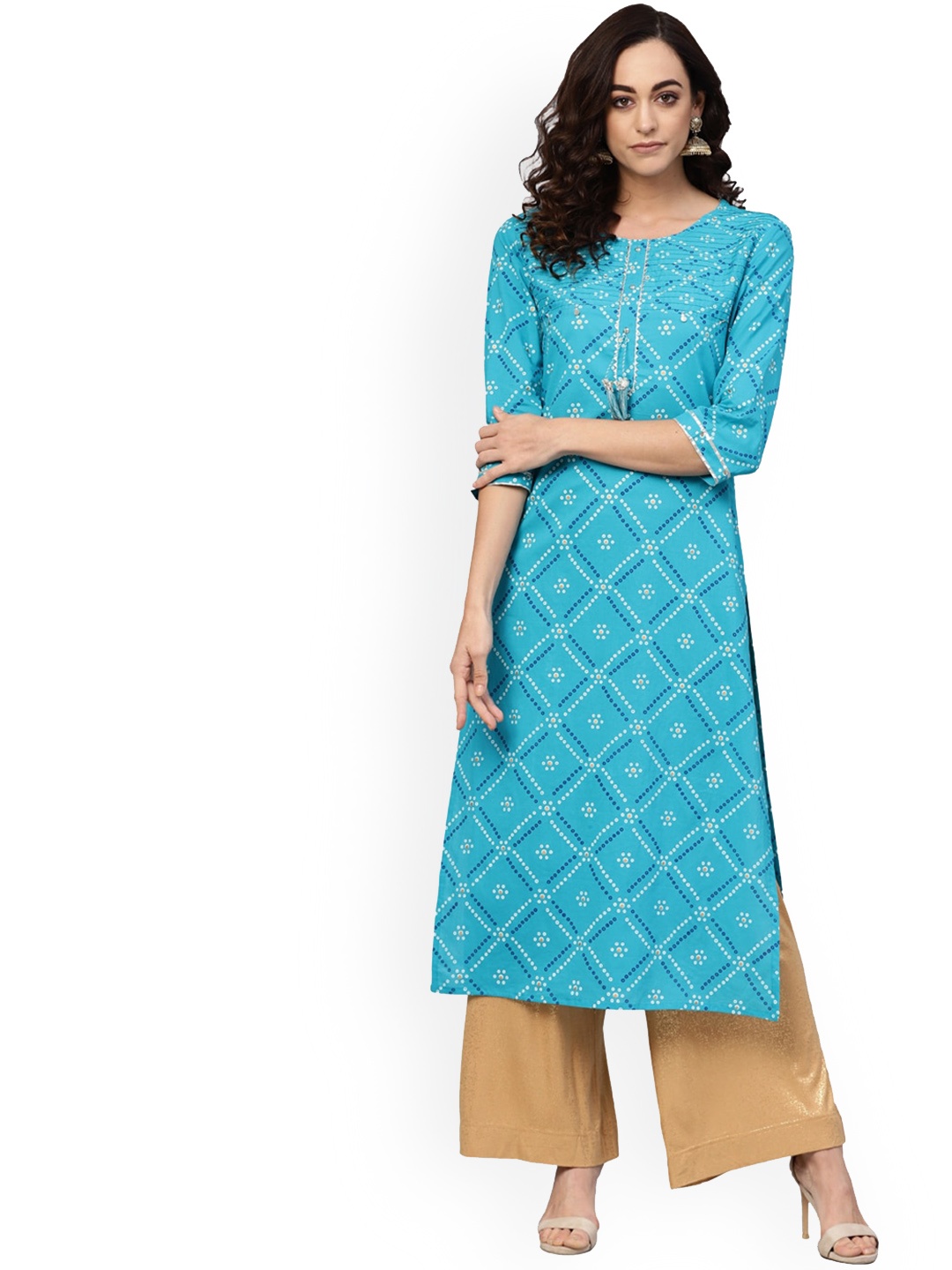 

KALINI Geometric Printed Gotta Patti Embellished Cotton Straight Kurta, Blue