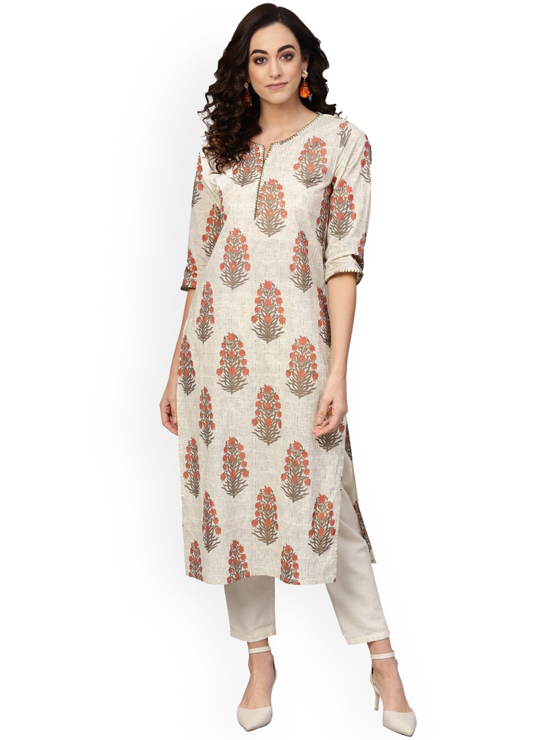 

KALINI Floral Printed Cotton Notch Neck Sequinned Kurta, Beige