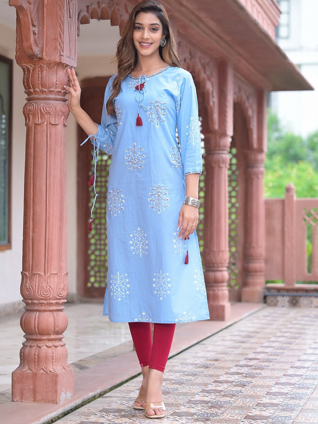

KALINI Floral Printed Sequinned Straight Kurta, Blue
