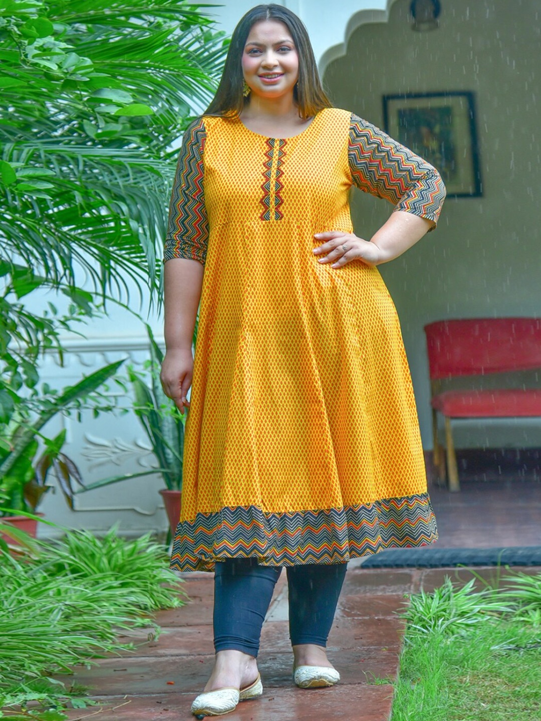 KALINI Geometric Printed Cotton Anarkali Kurta, Mustard