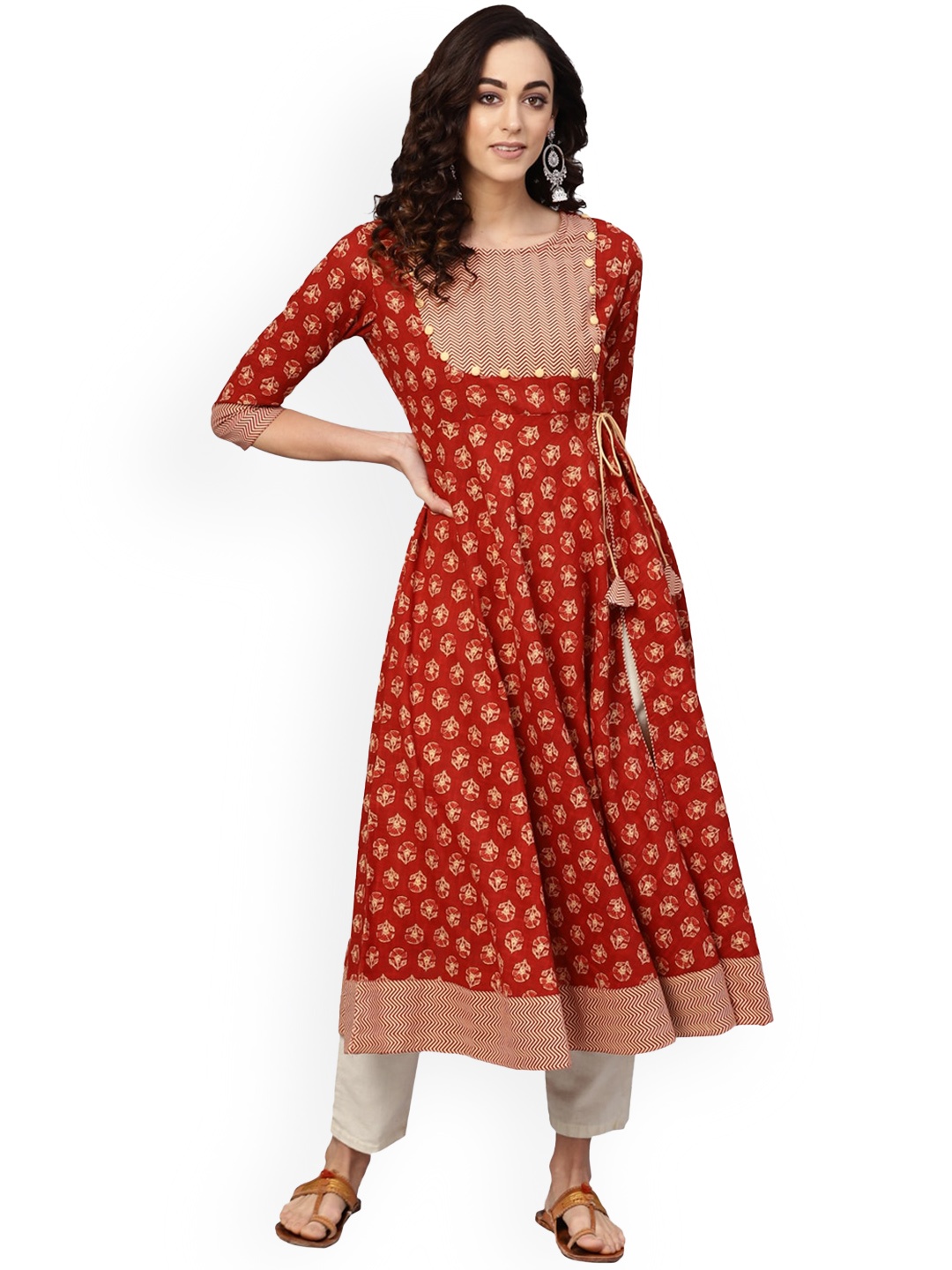 

KALINI Ethnic Motifs Round Neck Thread Work Cotton Anarkali Kurta, Rust