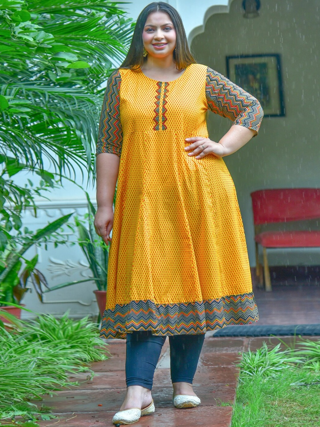 

KALINI Plus Size Geometric Printed Round Neck Cotton Anarkali Kurta, Mustard