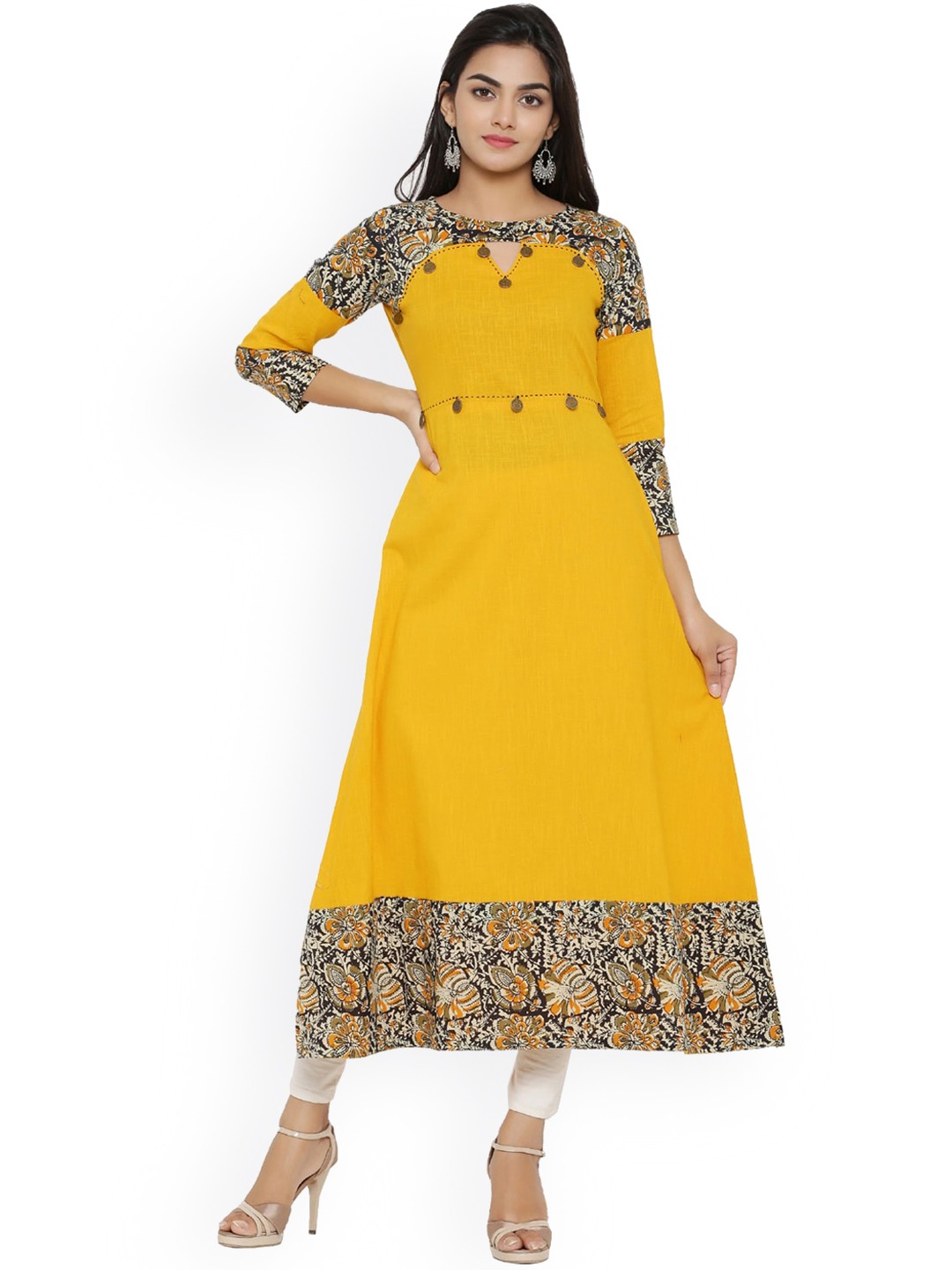 

KALINI Ethnic Motifs Boat Neck Embroidered Patchwork Cotton Anarkali Kurta, Mustard