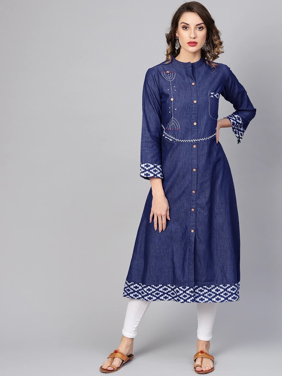 

KALINI Mandarin Collar Regular Sleeves Thread Work Denim A-Line Kurta, Blue