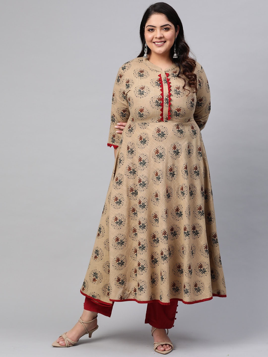 

KALINI Plus Size Floral Embroidered Gotta Patti Cotton Anarkali Kurta, Beige