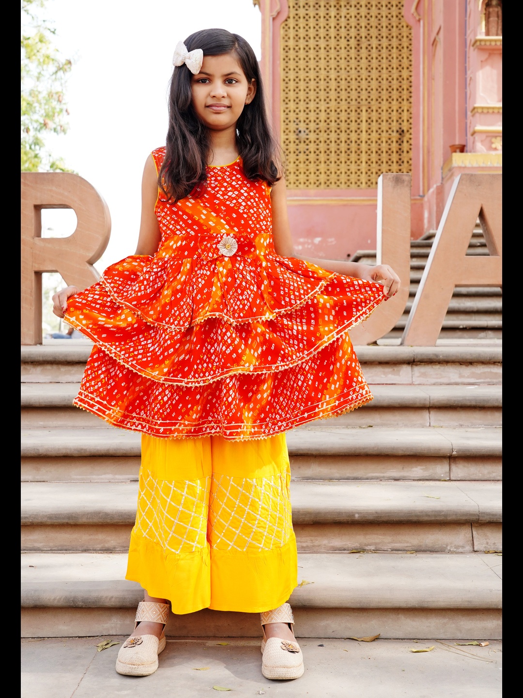 

BAESD Girls Bandhani Printed A-Line Kurti, Yellow