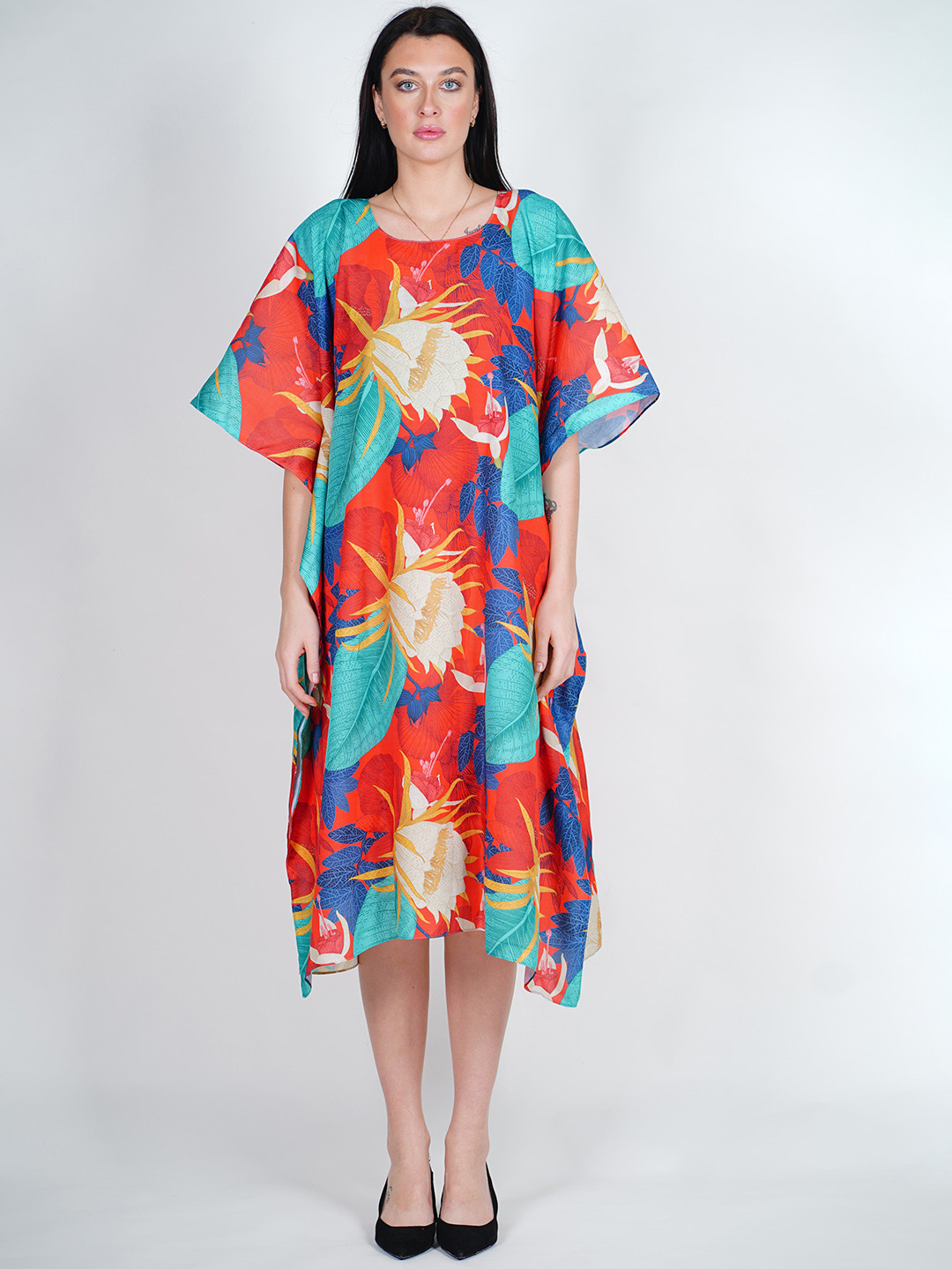 

Rajoria Instyle Floral Print Kimono Sleeve Crepe Kaftan Midi Dress, Red