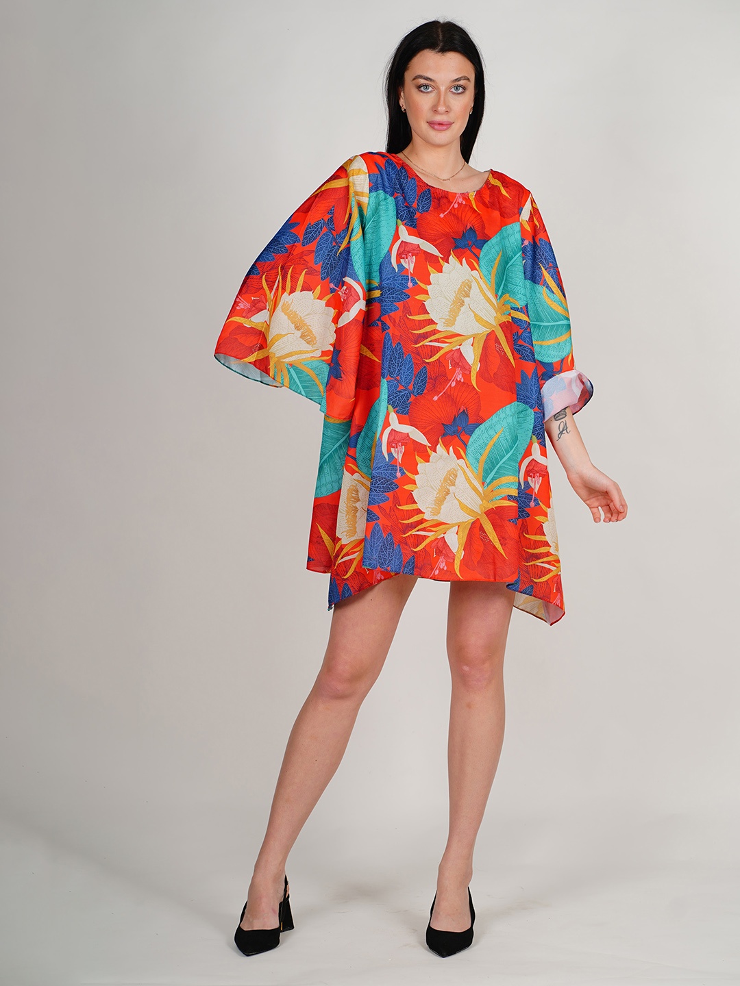 

Rajoria Instyle Floral Printed Flared Sleeves Semi Sheer A-Line Dress, Red