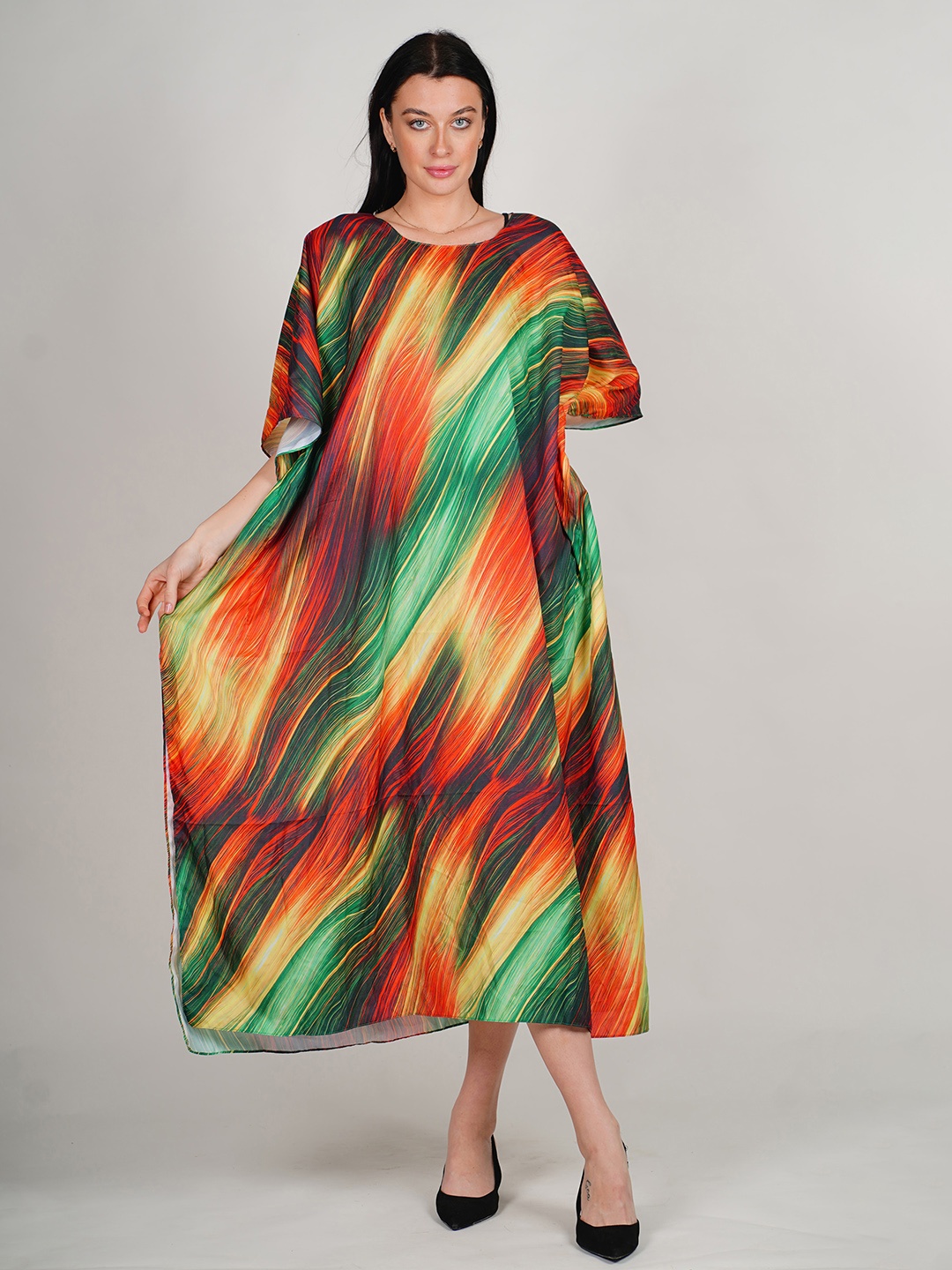 

Rajoria Instyle Abstract Printed Extended Sleeves Kaftan Midi Dress, Orange