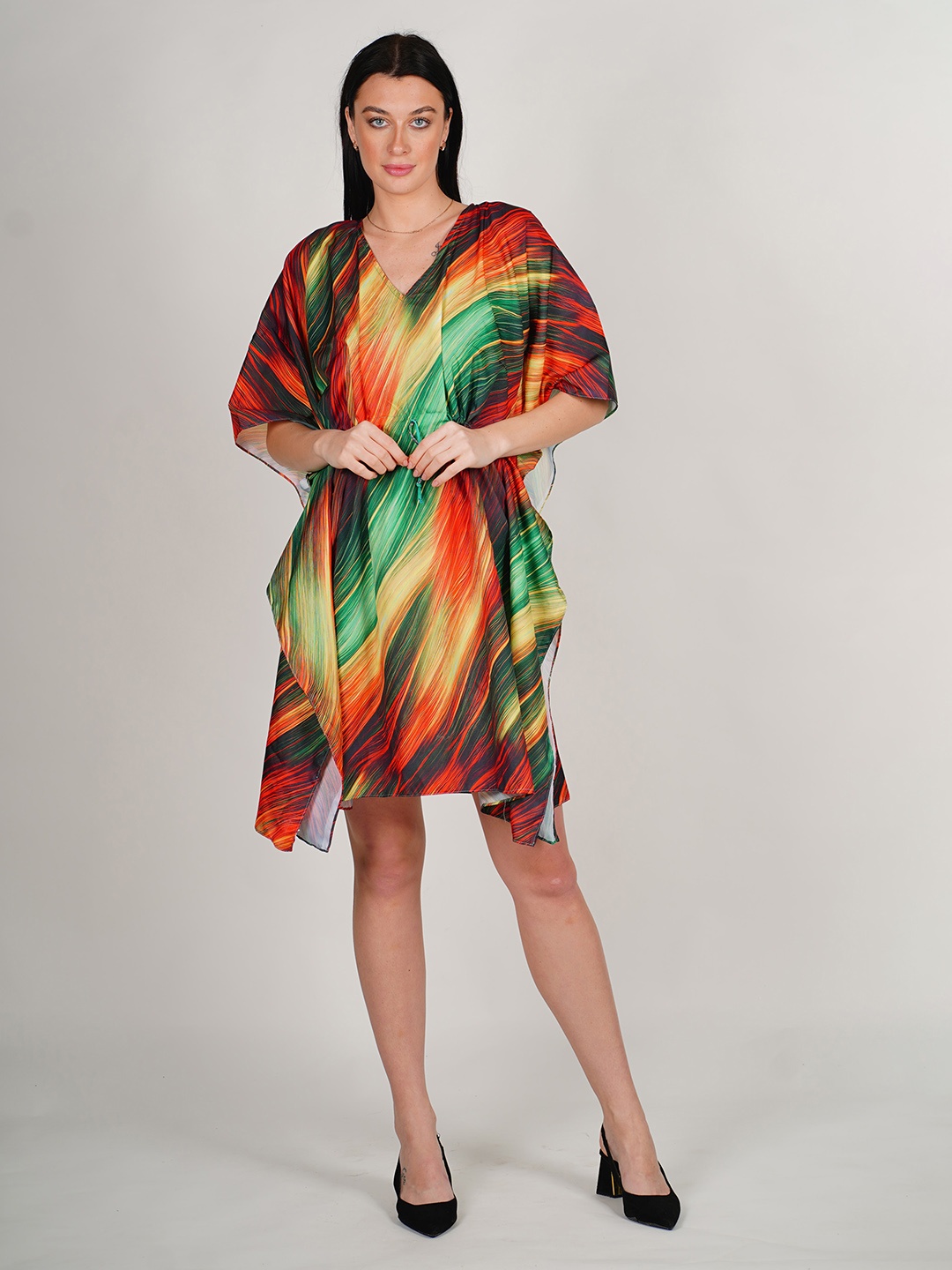 Rajoria Instyle Abstract Printed Extended Sleeves Kaftan Dress, Orange
