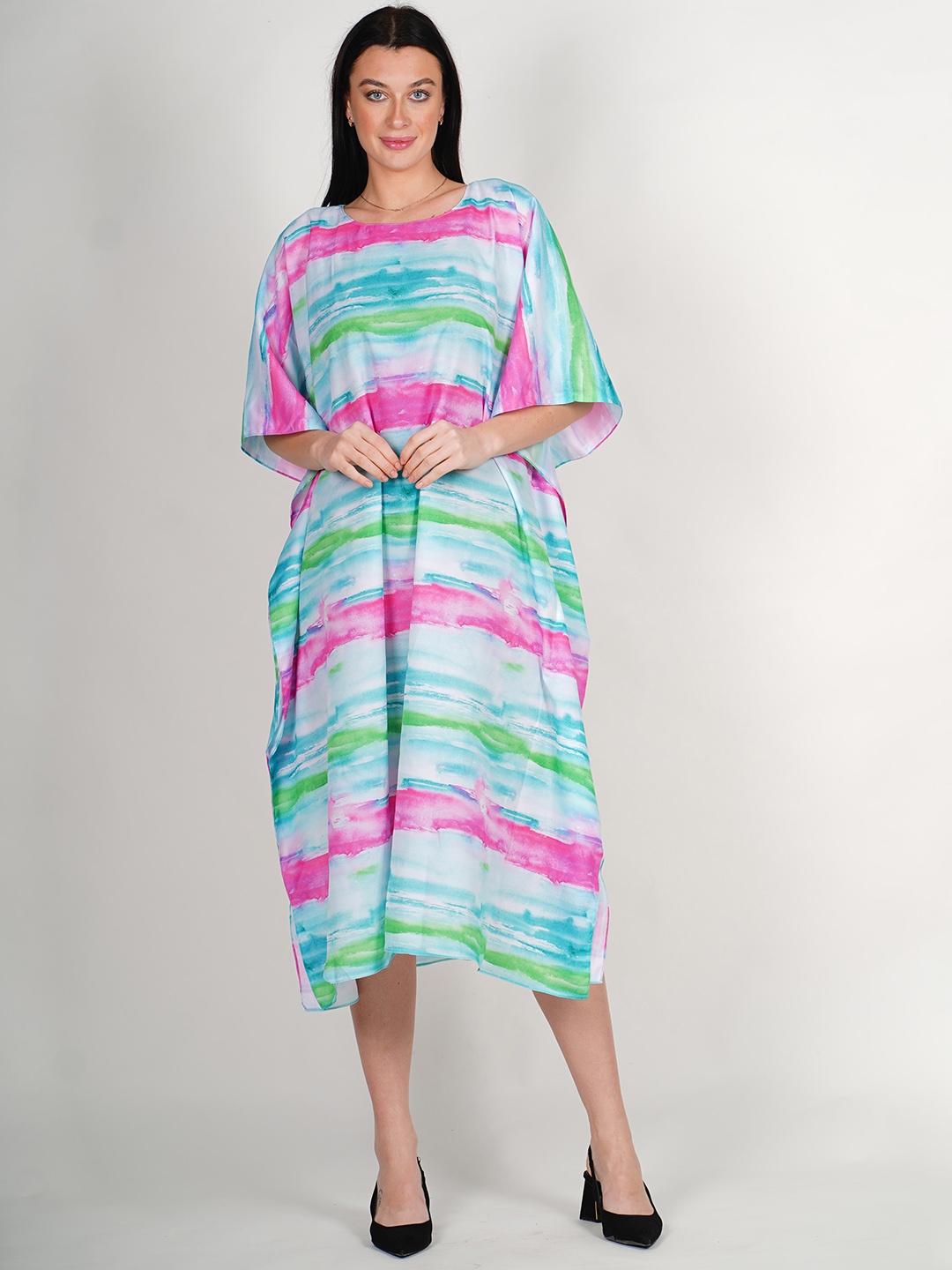 

Rajoria Instyle Abstract Printed Kimono Sleeve Semi Sheer Kaftan Midi Dress, Blue