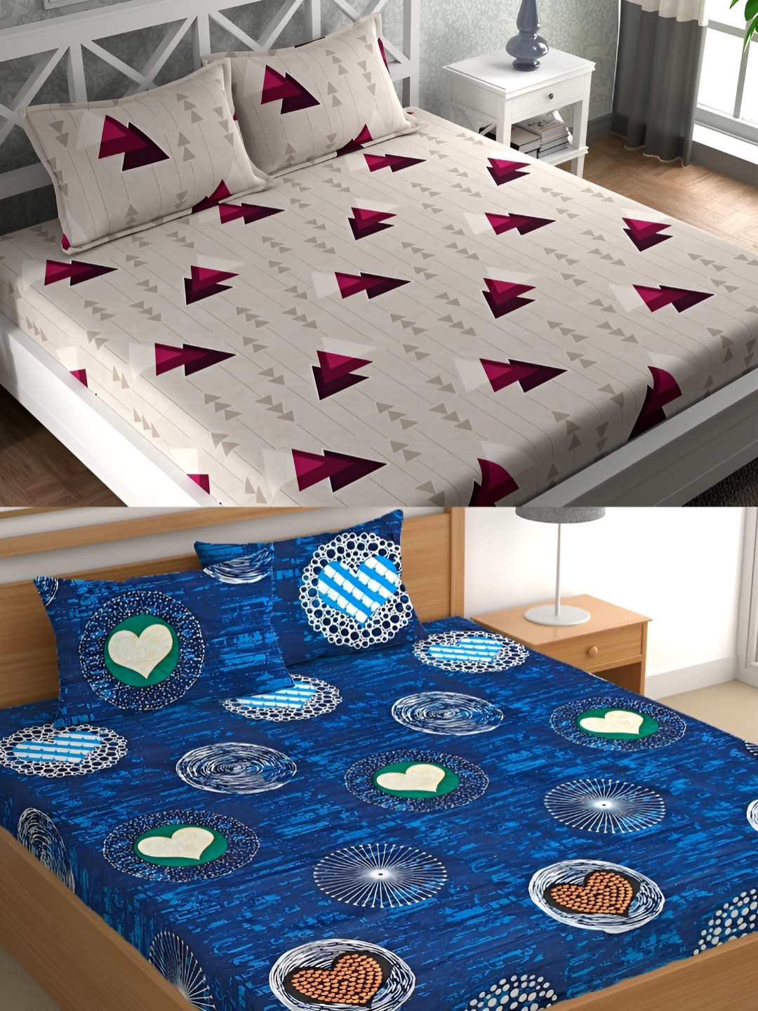 

CG HOMES Grey & Blue Geometric Cotton 160 TC 2 Queen Bedsheet with 4 Pillow Covers