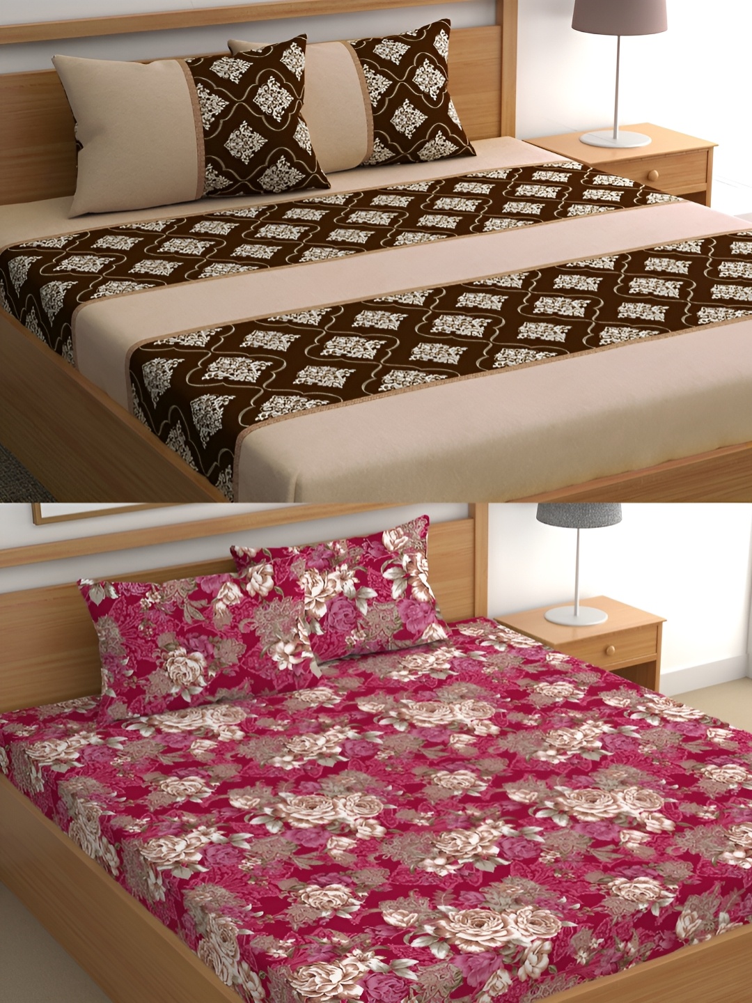 

CG HOMES Beige & Red Floral Cotton 160 TC 2 Queen Bedsheet With 4 Pillow Covers