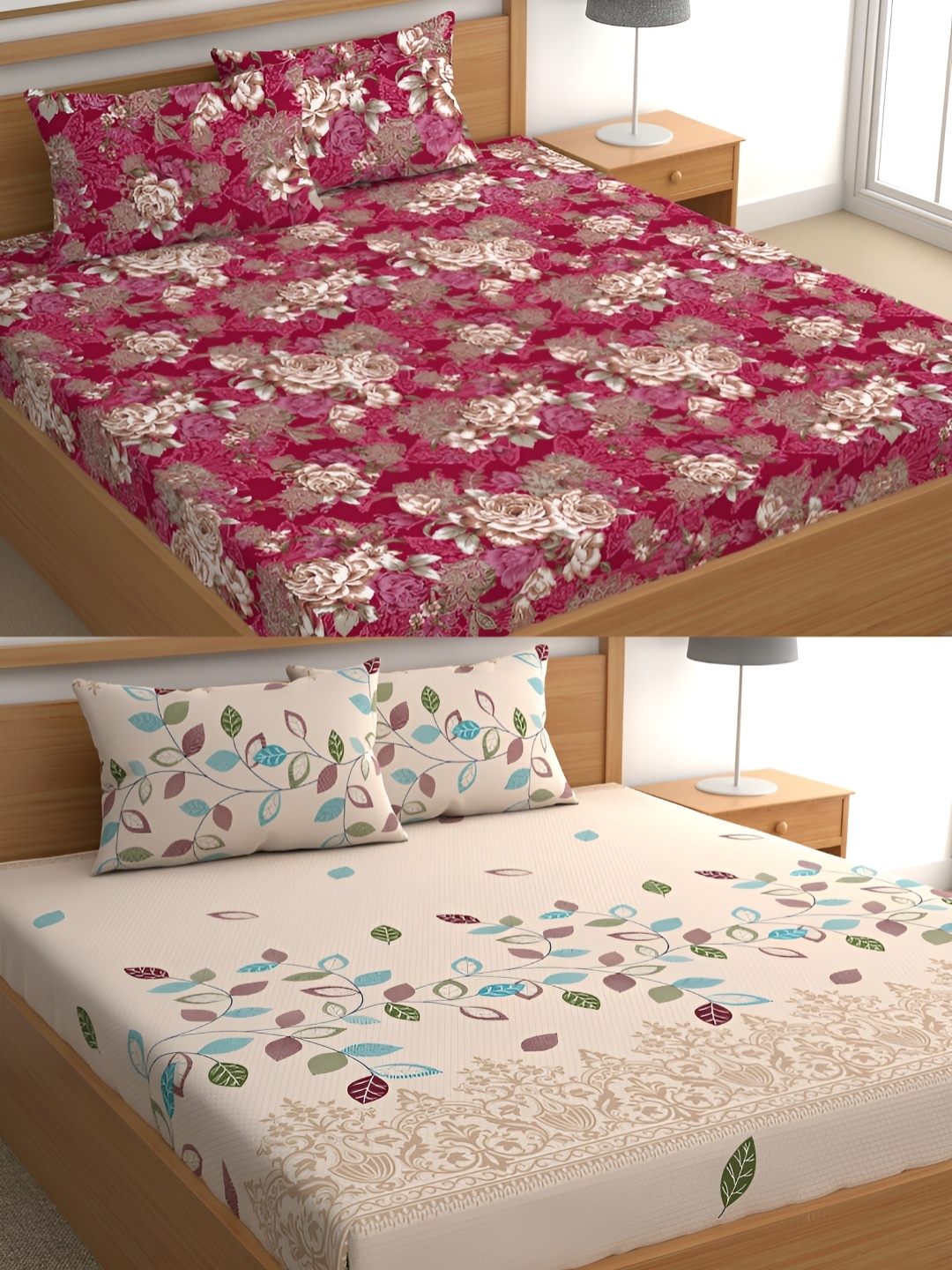 

CG HOMES Red & Cream Floral Cotton 160 TC 2 Queen Bedsheet With 4 Pillow Covers