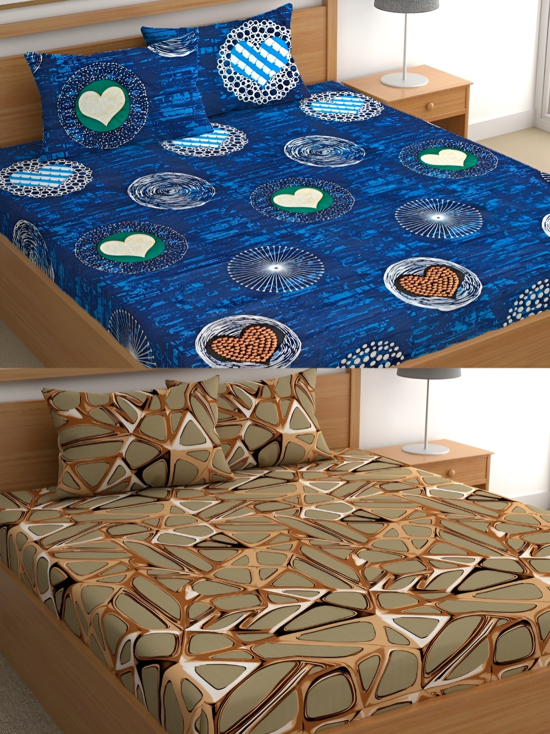 

CG HOMES Blue & Brown Geometric Cotton 160 TC 2 Queen Bedsheet with 4 Pillow Covers