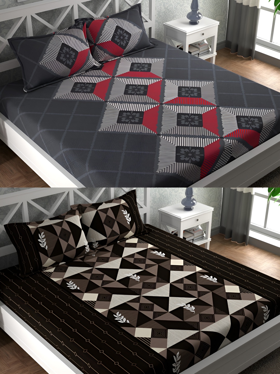 

CG HOMES Grey & Black Geometric Cotton 160 TC 2 Queen Bedsheet With 4 Pillow Covers
