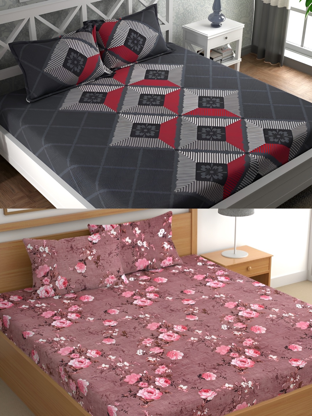 

CG HOMES Grey & Pink Geometric Cotton 160 TC 2 Queen Bedsheet With 4 Pillow Covers
